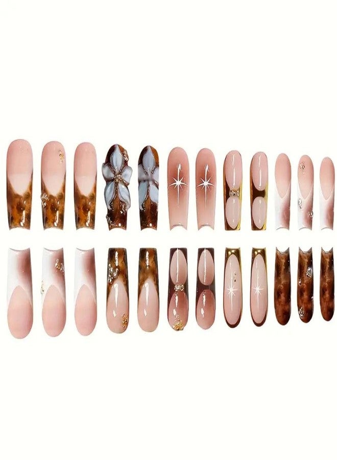 Foccna Tortoiseshell Press on Nails Long,Pearl Fake Nails Square Glossy False Nail Tips Artificial Nails for Women and Girls-24pcs,Gorgeous Nails - Image 2